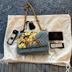 Versace Denim Barocco Printed Icon Small Crossbody Bag Blue.